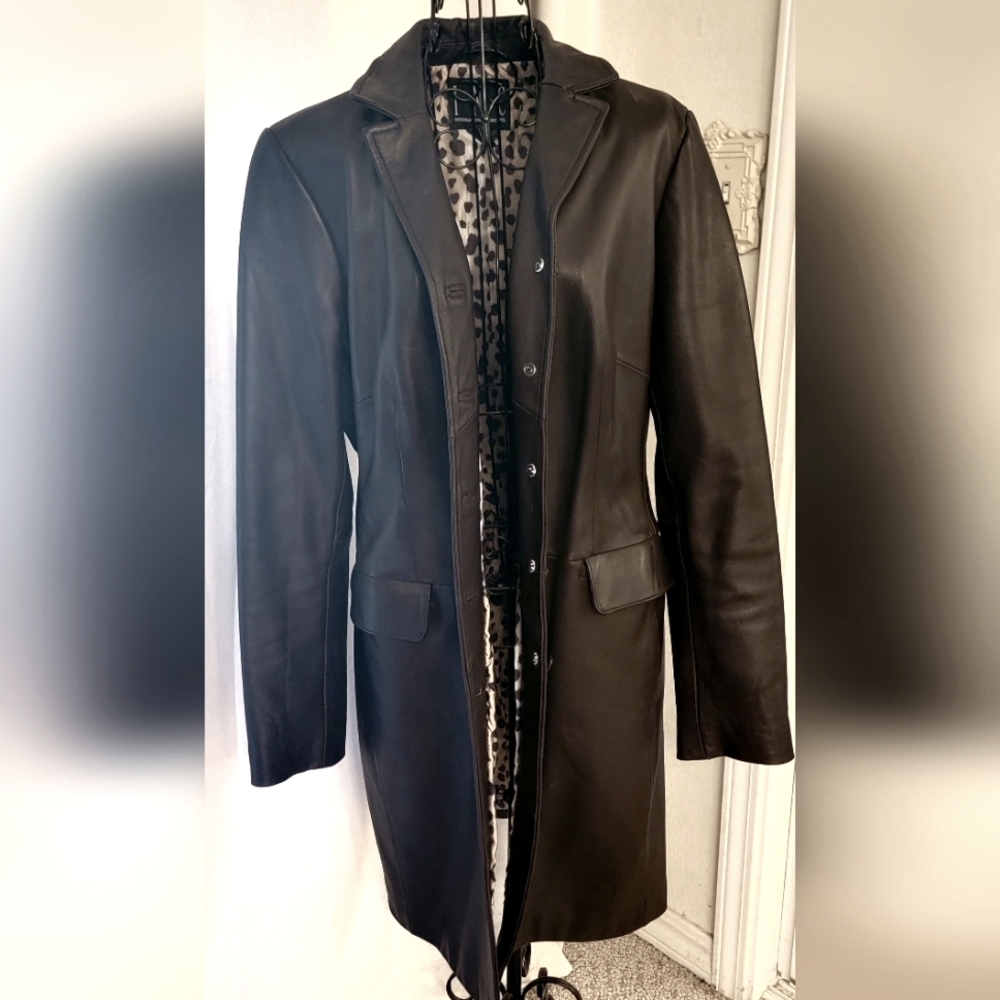 INC Leather Mid-length Coat sz L  Chocolate Brown w/ Leopard lining